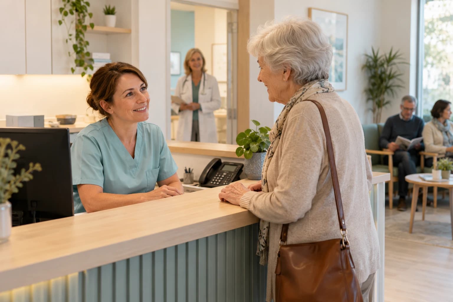 Ordinationsassistenz nimmt sich am Empfang Zeit für eine Patientin